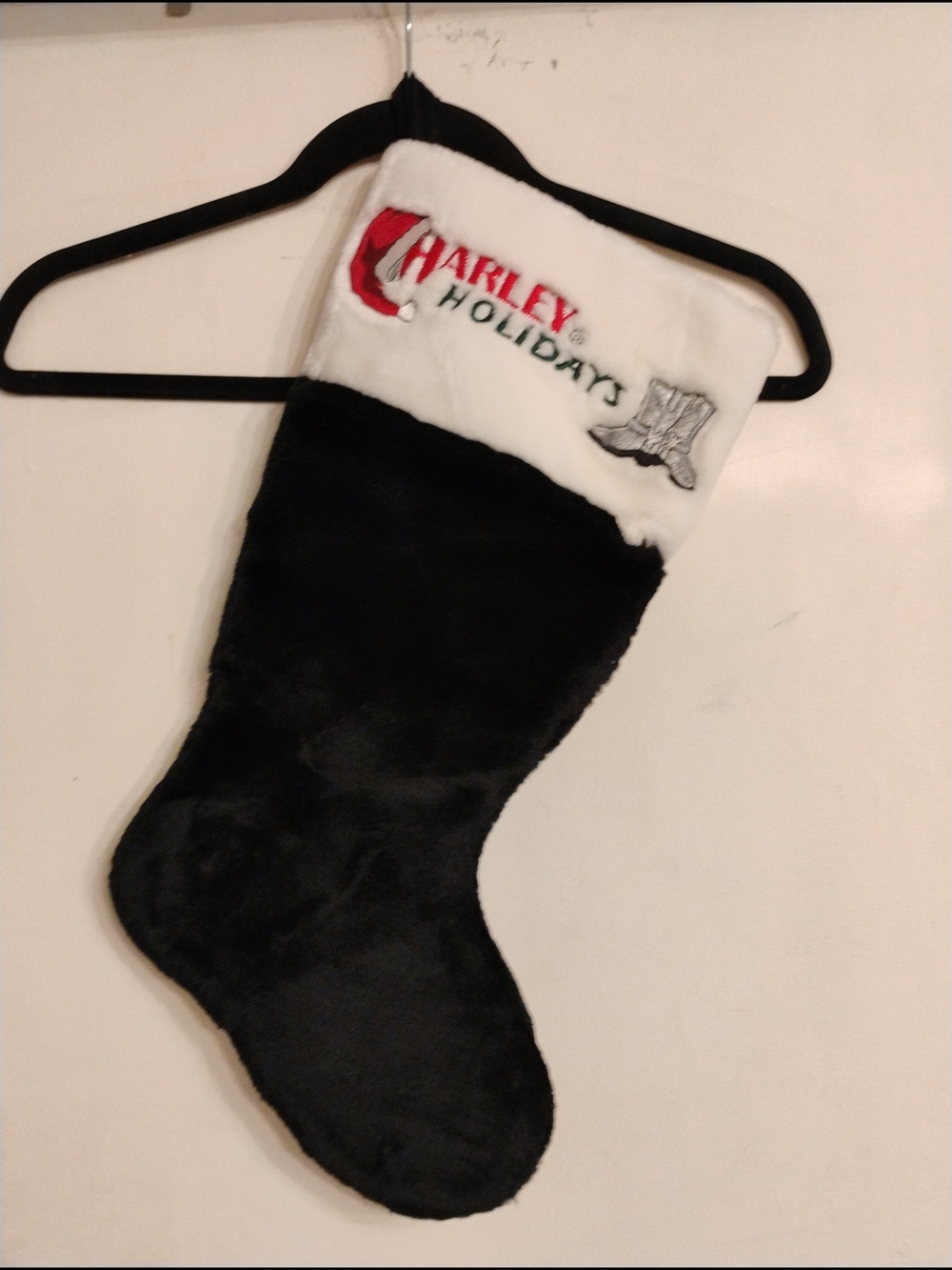 Harley Holiday Black and White Plush Holiday Stocking with Embroidered Logo